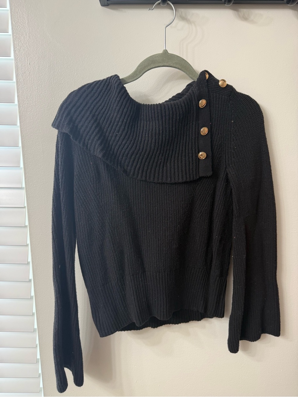 LOFT Black Ribbed Fold-Over Collar Sweater with Gold Buttons